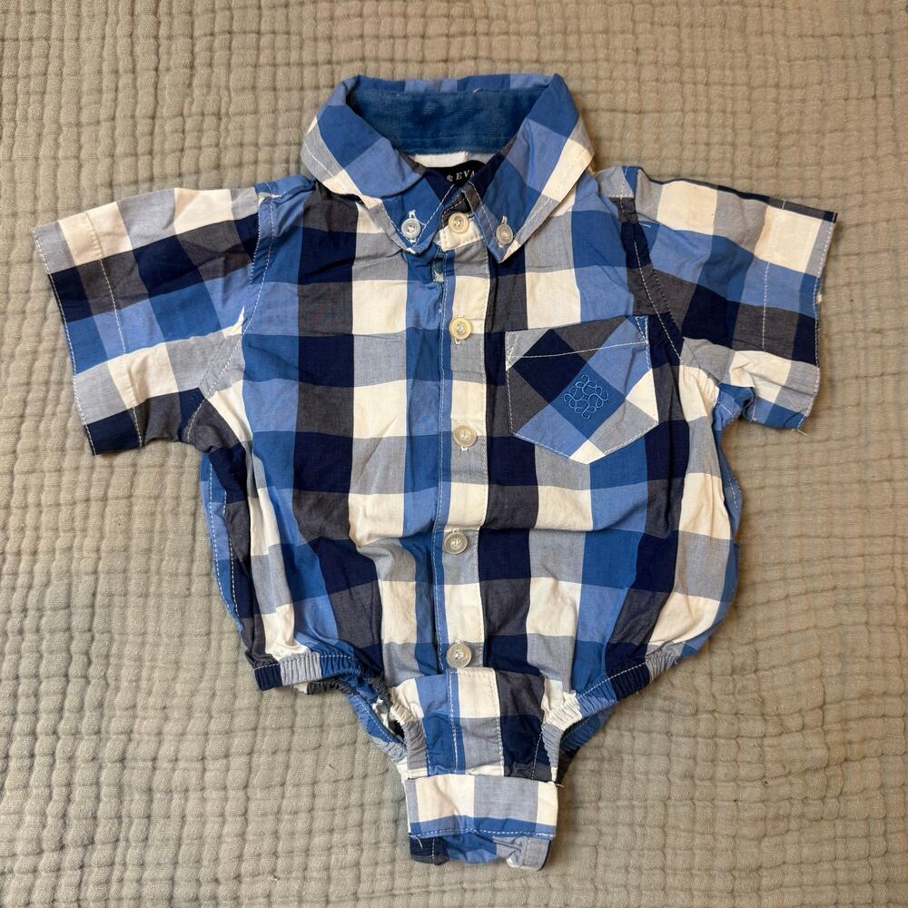 Andy Evan Blue Plaid Button Down Onesie Short Sleeve Shirt 3-6 Months Baby Boy